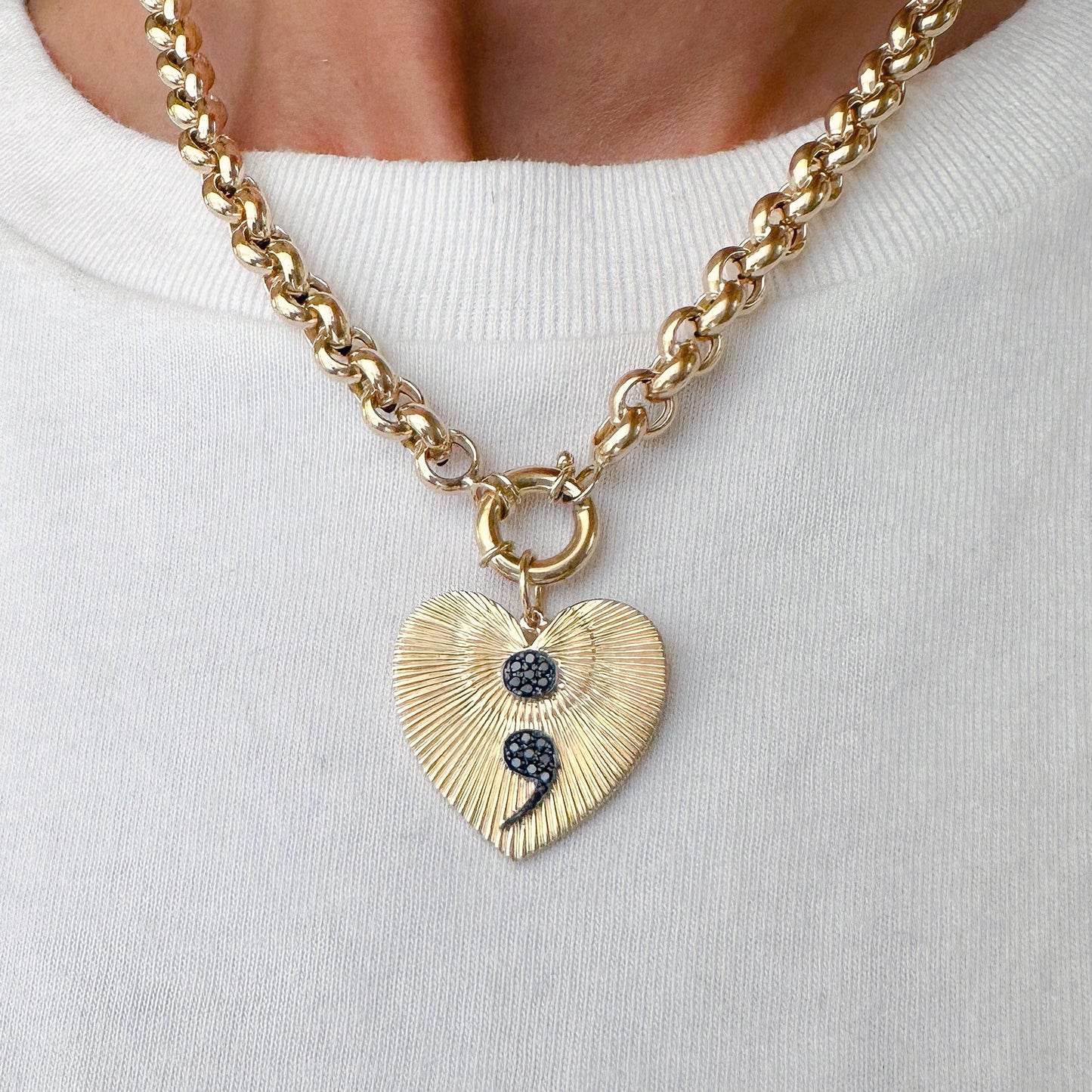 14K Gold Pavé Black Diamond Semicolon Fluted Heart Medallion Pendant, XL Size