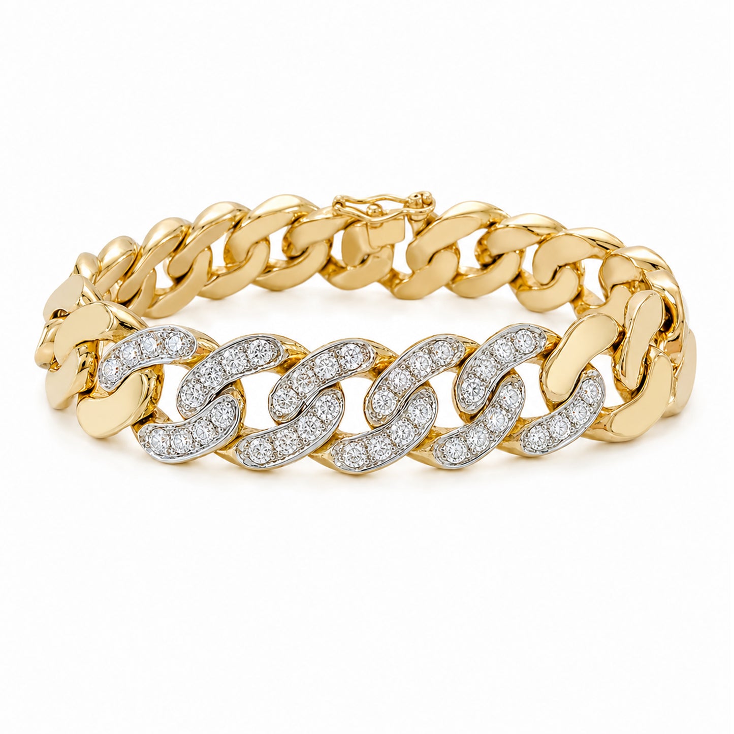 14K Gold Pavé Five Diamond Cuban Link Chain Bracelet, 12.5mm Size Links