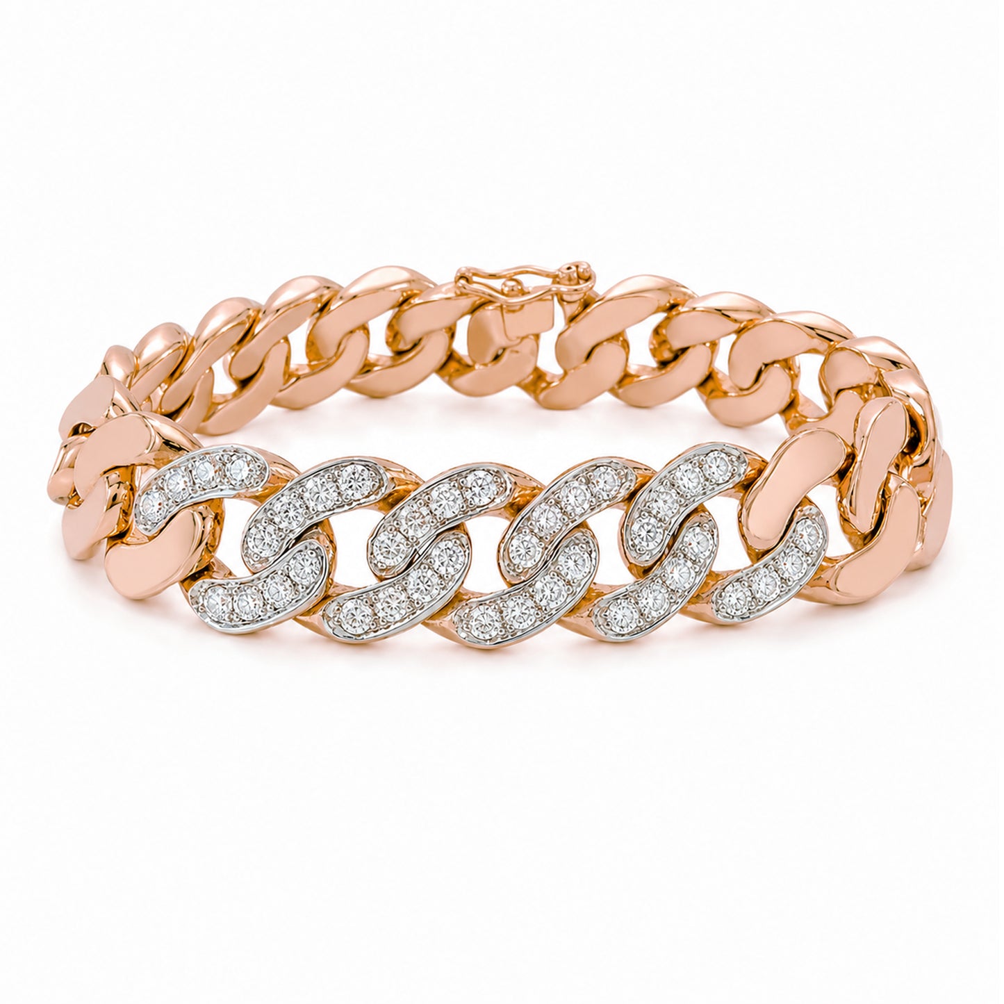14K Gold Pavé Five Diamond Cuban Link Chain Bracelet, 12.5mm Size Links
