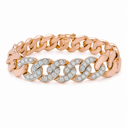 14K Gold Pavé Five Diamond Cuban Link Chain Bracelet, 12.5mm Size Links