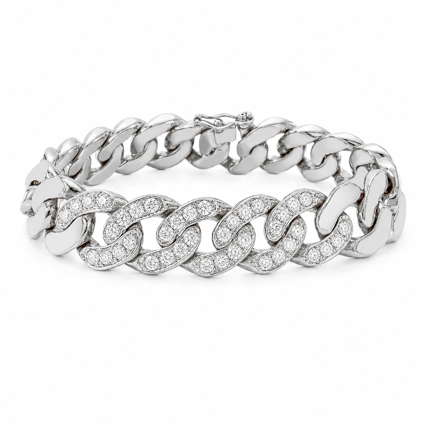 14K Gold Pavé Five Diamond Cuban Link Chain Bracelet, 12.5mm Size Links