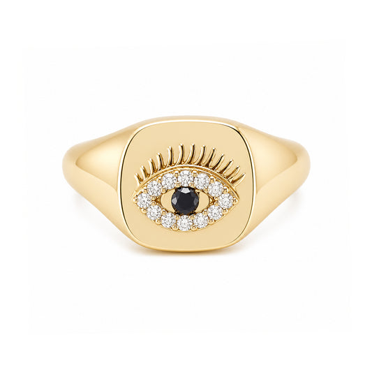 14K Gold Diamond Evil Eye Signet Ring