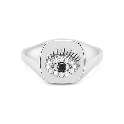 14K Gold Diamond Evil Eye Signet Ring