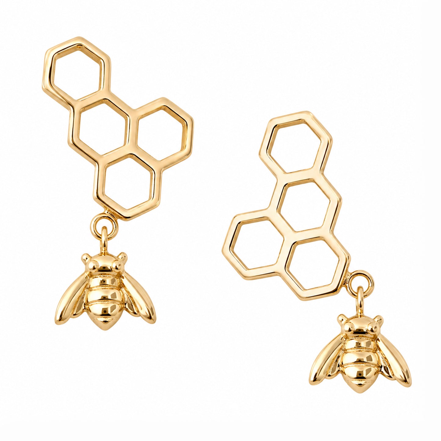 14K Gold Honeycomb Dangle Bee Climber Stud Earrings