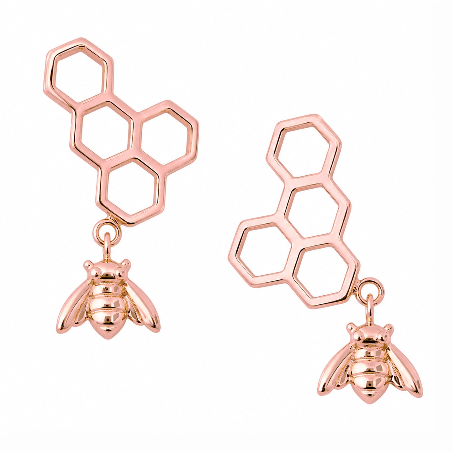 14K Gold Honeycomb Dangle Bee Climber Stud Earrings