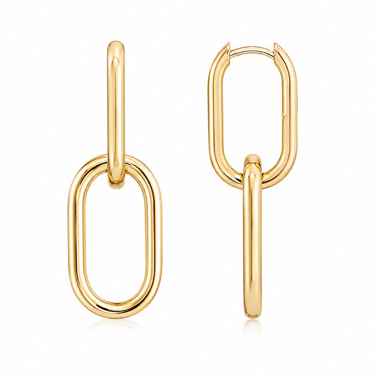14K Gold Thick Elongated Double Oval Link Hoop Earrings ~ XXL Size