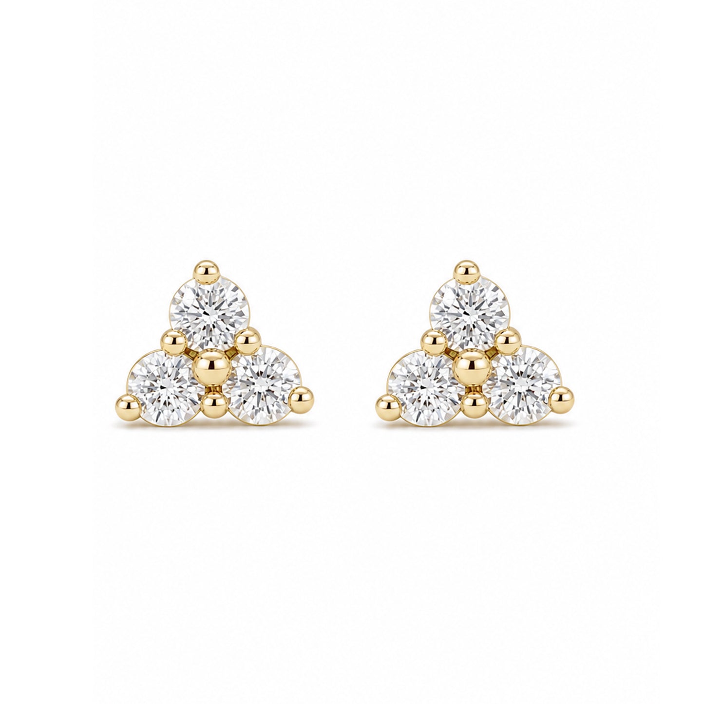 14K Gold Triple Diamond Trinity Cluster Stud Earrings