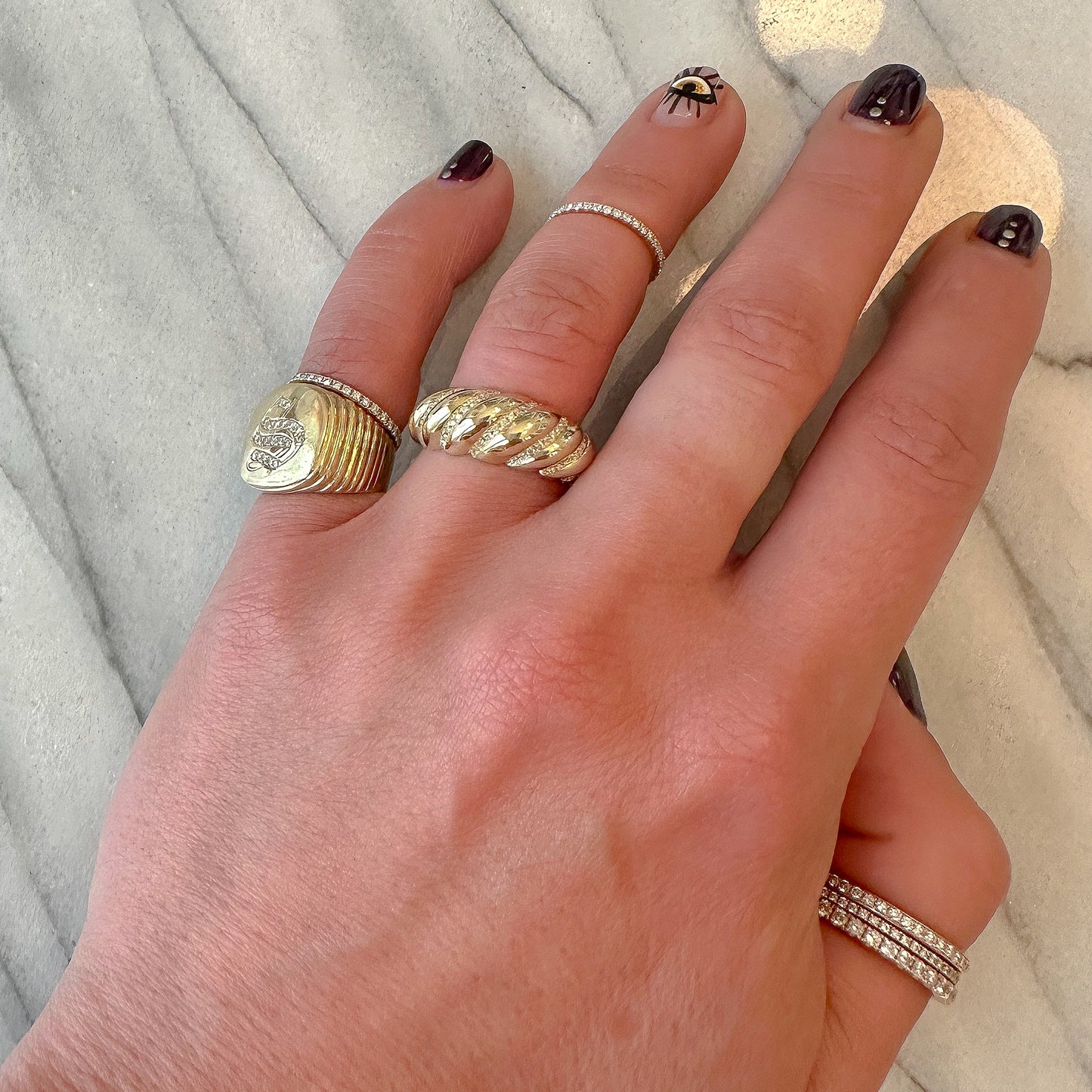 14K Gold Diamond Domed Croissant Ring