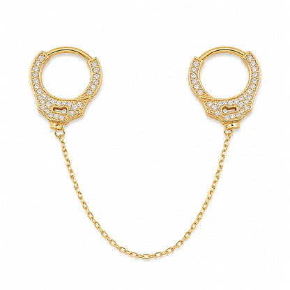 14K Gold Pavé Diamond Double Handcuff Huggie Hoop Earrings