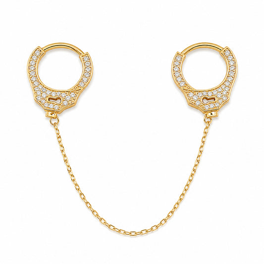 14K Gold Pavé Diamond Double Handcuff Huggie Hoop Earrings