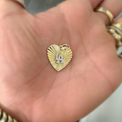 14K Gold Pavé Diamond LA Logo Fluted Heart Medallion Pendant, Medium Size Heart