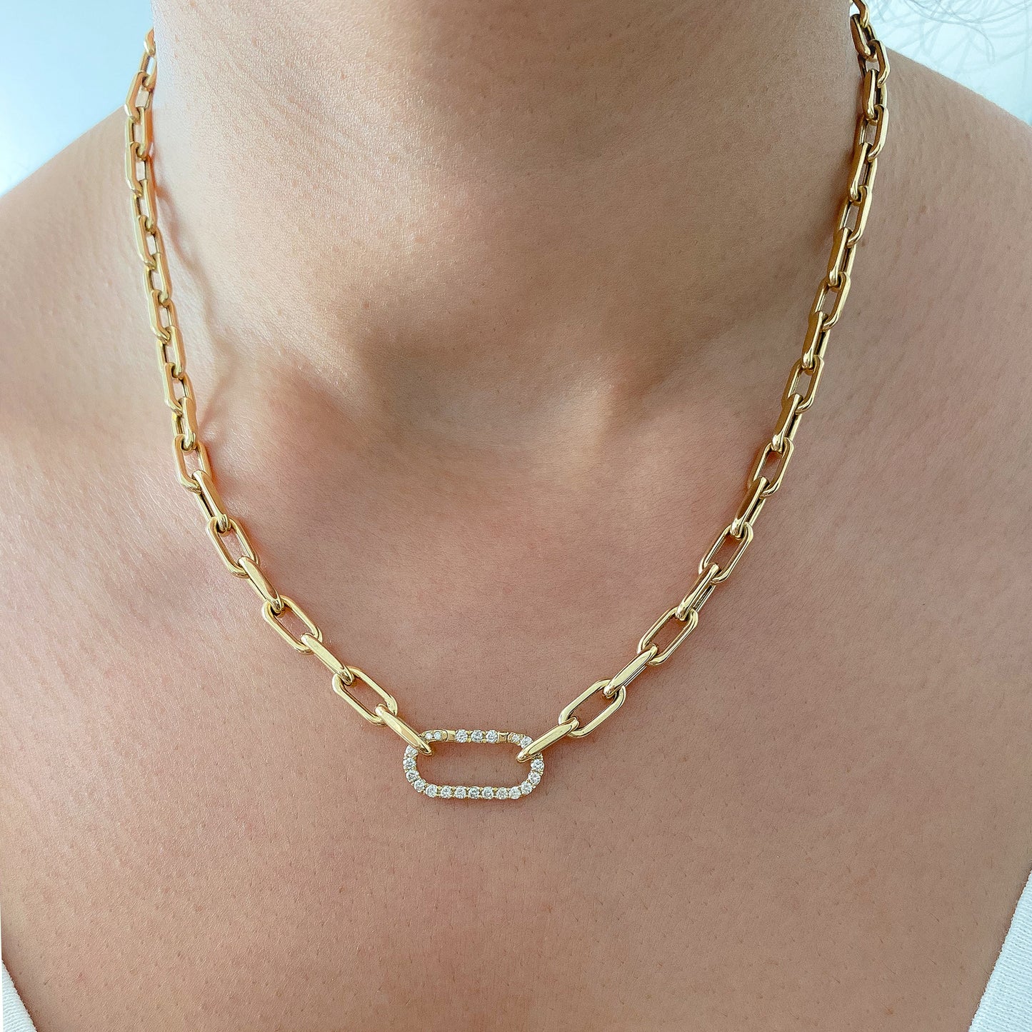 14K Gold Thick Oval Link Diamond Enhancer Lock Necklace