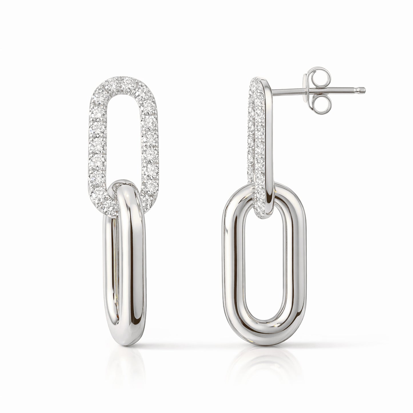 14K Gold Pavé Diamond Thick Oval Link Chain Dangle Stud Earrings, Large Size Links