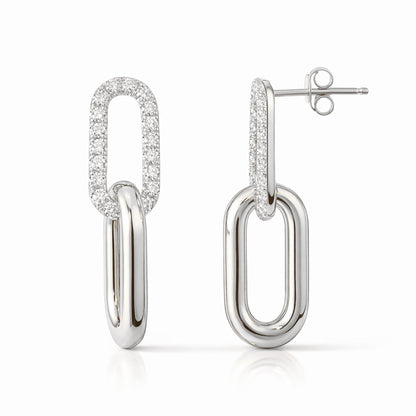 14K Gold Pavé Diamond Thick Oval Link Chain Dangle Stud Earrings, Large Size Links