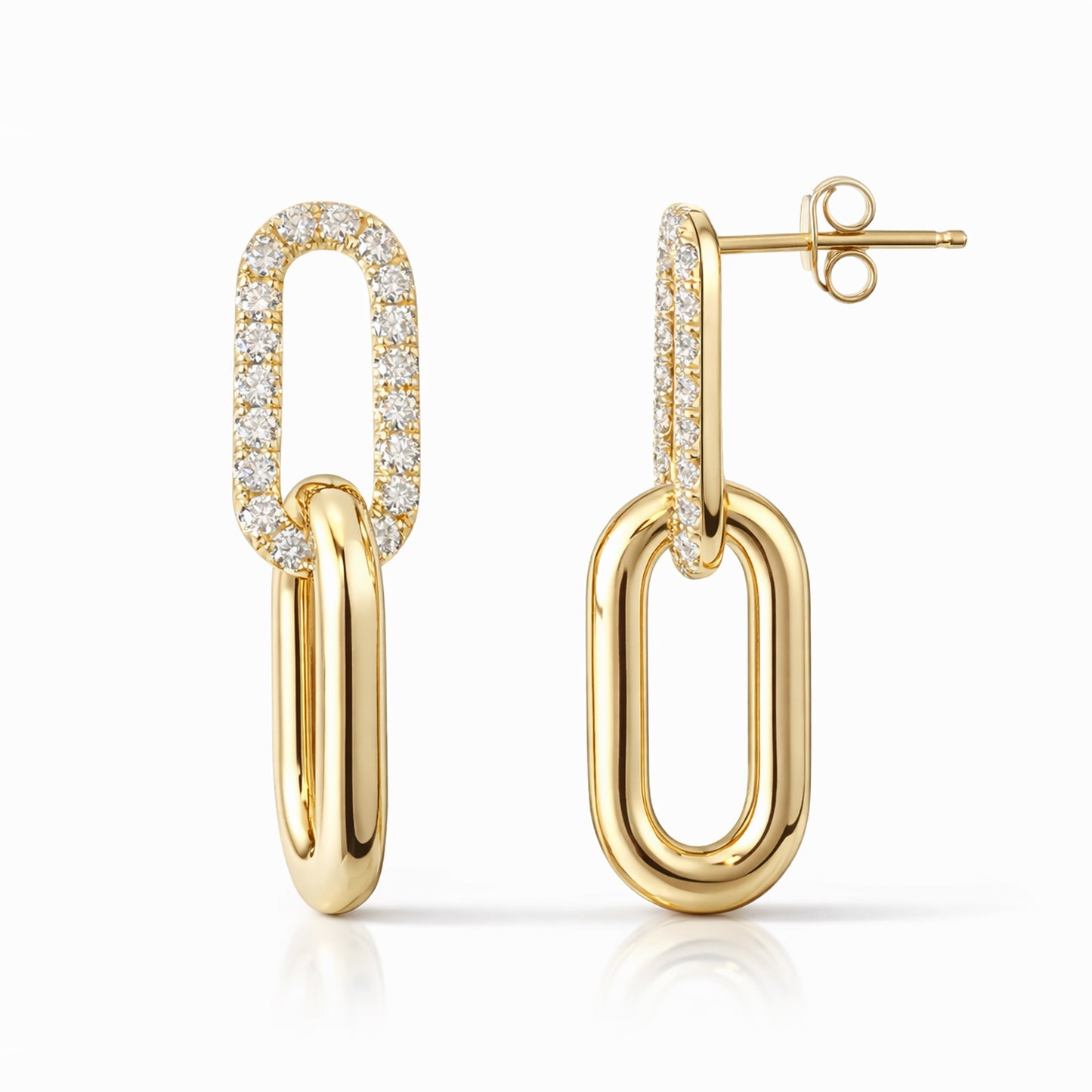 14K Gold Pavé Diamond Thick Oval Link Chain Dangle Stud Earrings, Large Size Links
