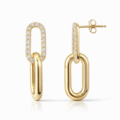 14K Gold Pavé Diamond Thick Oval Link Chain Dangle Stud Earrings, Large Size Links