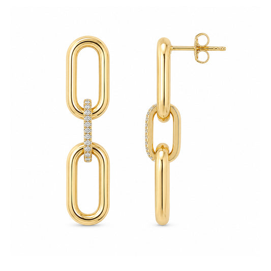 14K Gold Pavé Diamond Enhancer & Thick Oval Link Chain Convertible Dangle Stud Earrings, Large Size Links