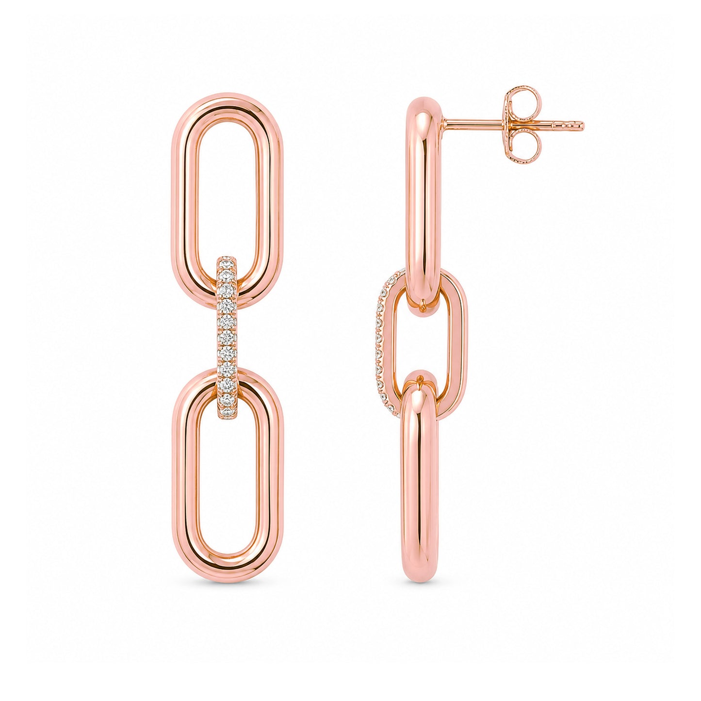 14K Gold Pavé Diamond Enhancer & Thick Oval Link Chain Convertible Dangle Stud Earrings, Large Size Links