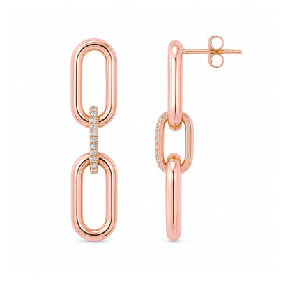 14K Gold Pavé Diamond Enhancer & Thick Oval Link Chain Convertible Dangle Stud Earrings, Large Size Links