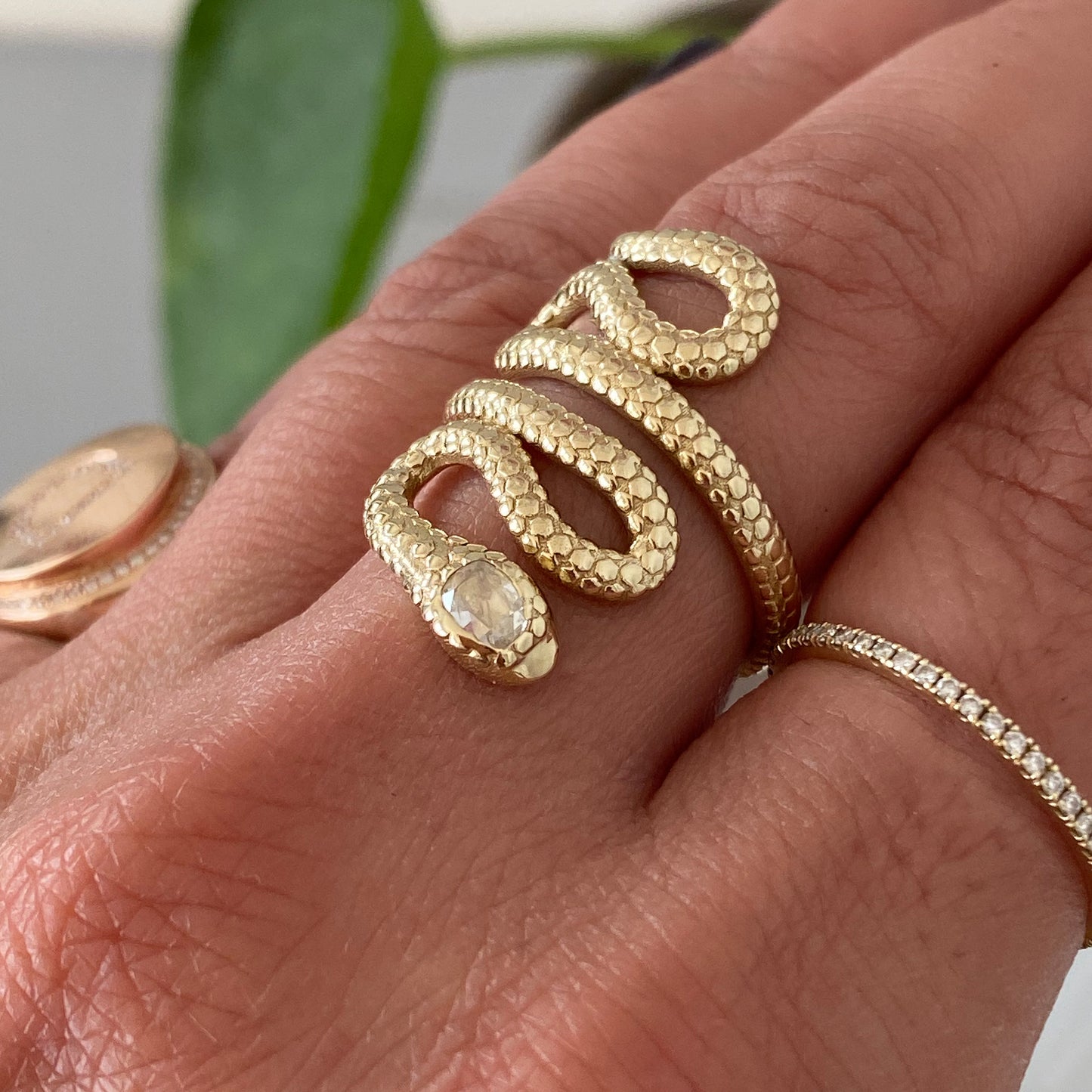 14K Gold Swivel Serpent Snake Wrap Ring ~ Emerald Eyes
