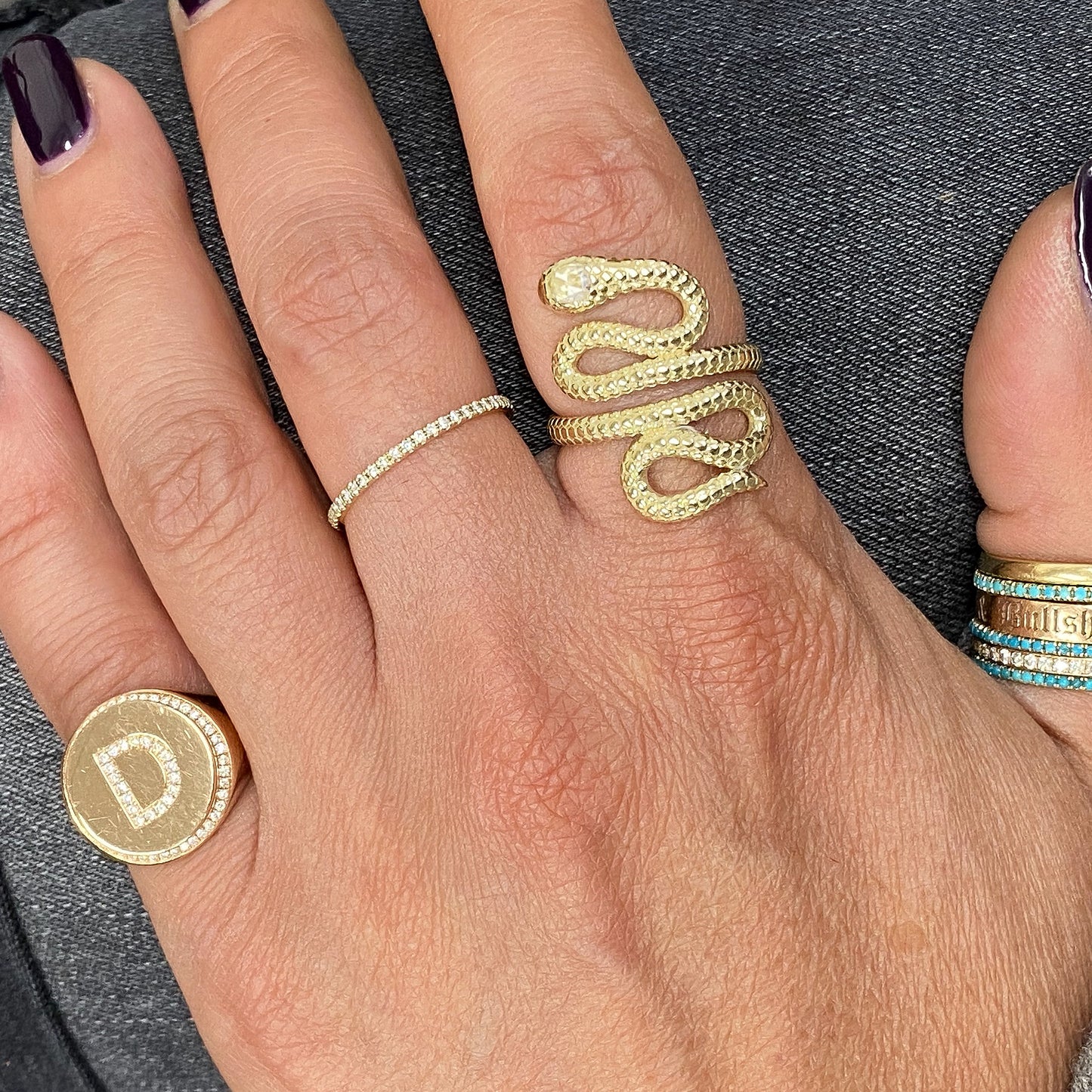 14K Gold Swivel Serpent Snake Wrap Ring ~ Emerald Eyes