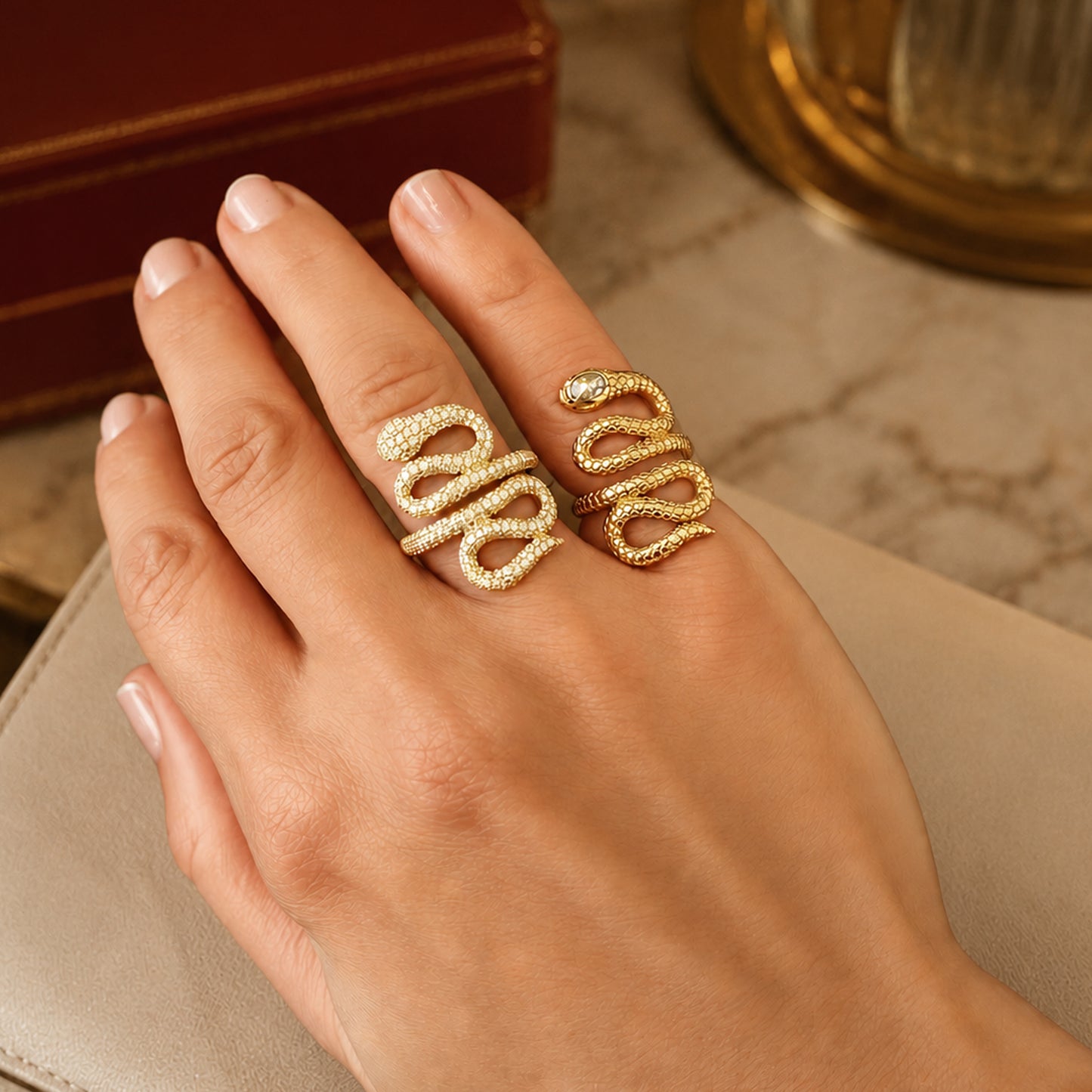 14K Gold Pavé Diamond Swivel Serpent Snake Wrap Ring