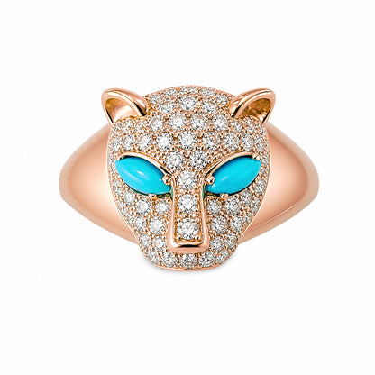 14K Gold Diamond Pavé Panther Signet Ring ~ Marquise Turquoise Eyes