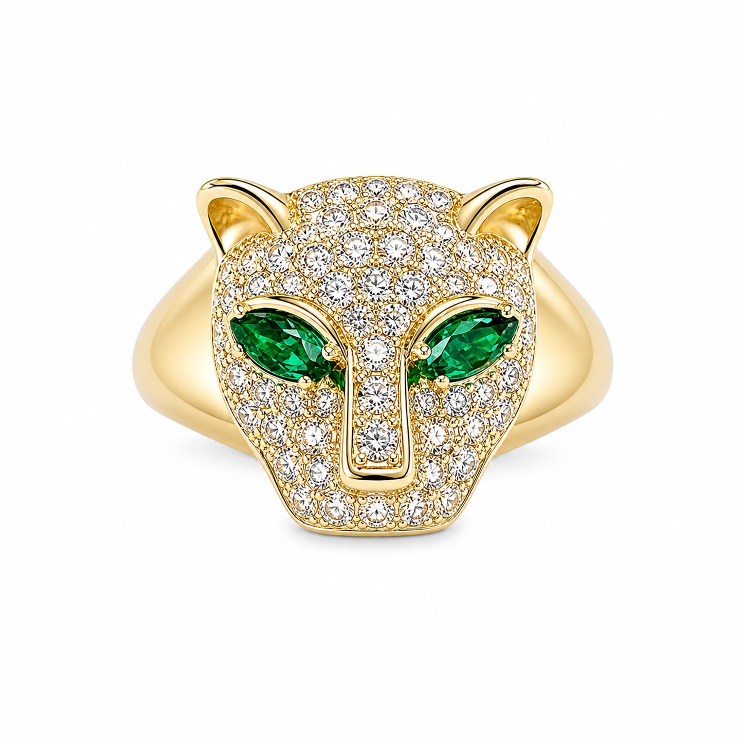 14K Gold Diamond Pavé Panther Signet Ring ~ Marquise Emerald Eyes