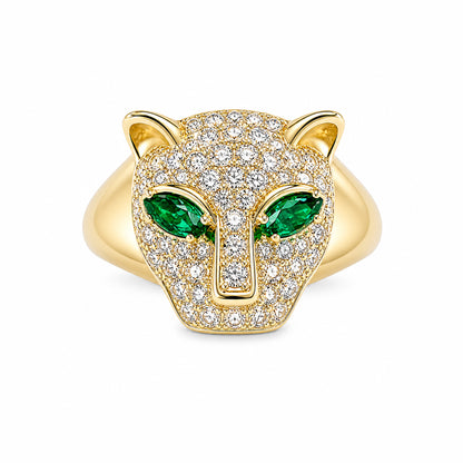 14K Gold Diamond Pavé Panther Signet Ring ~ Marquise Emerald Eyes