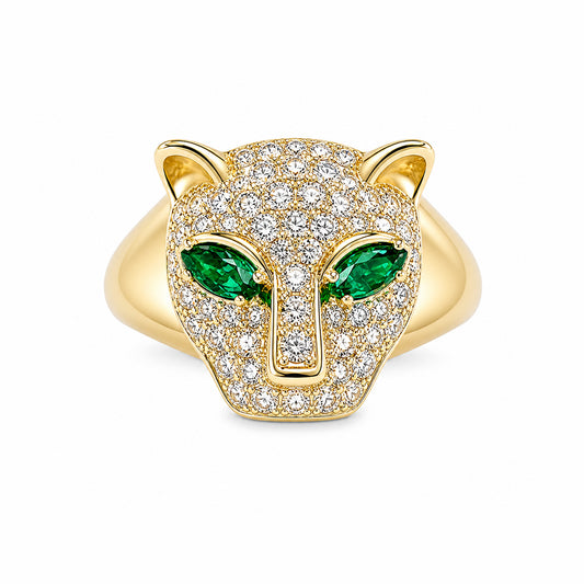 14K Gold Diamond Pavé Panther Signet Ring ~ Marquise Emerald Eyes