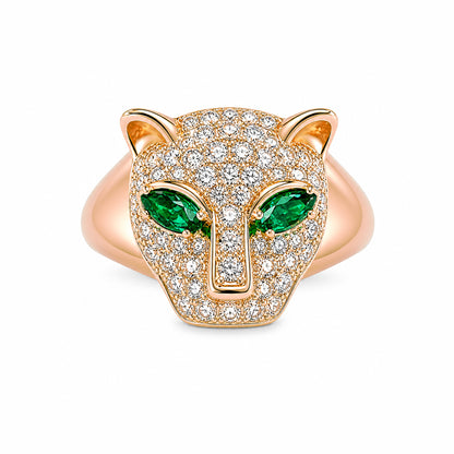 14K Gold Diamond Pavé Panther Signet Ring ~ Marquise Emerald Eyes