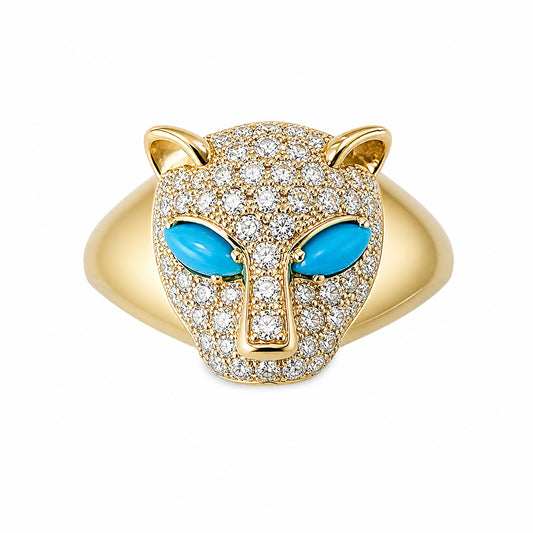 14K Gold Diamond Pavé Panther Signet Ring ~ Marquise Turquoise Eyes