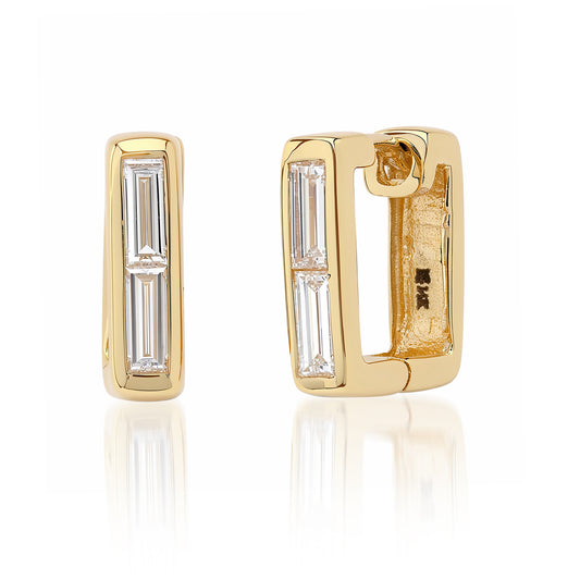 14K Gold Diamond Baguette Thick Rectangle Huggie Hoop Earrings