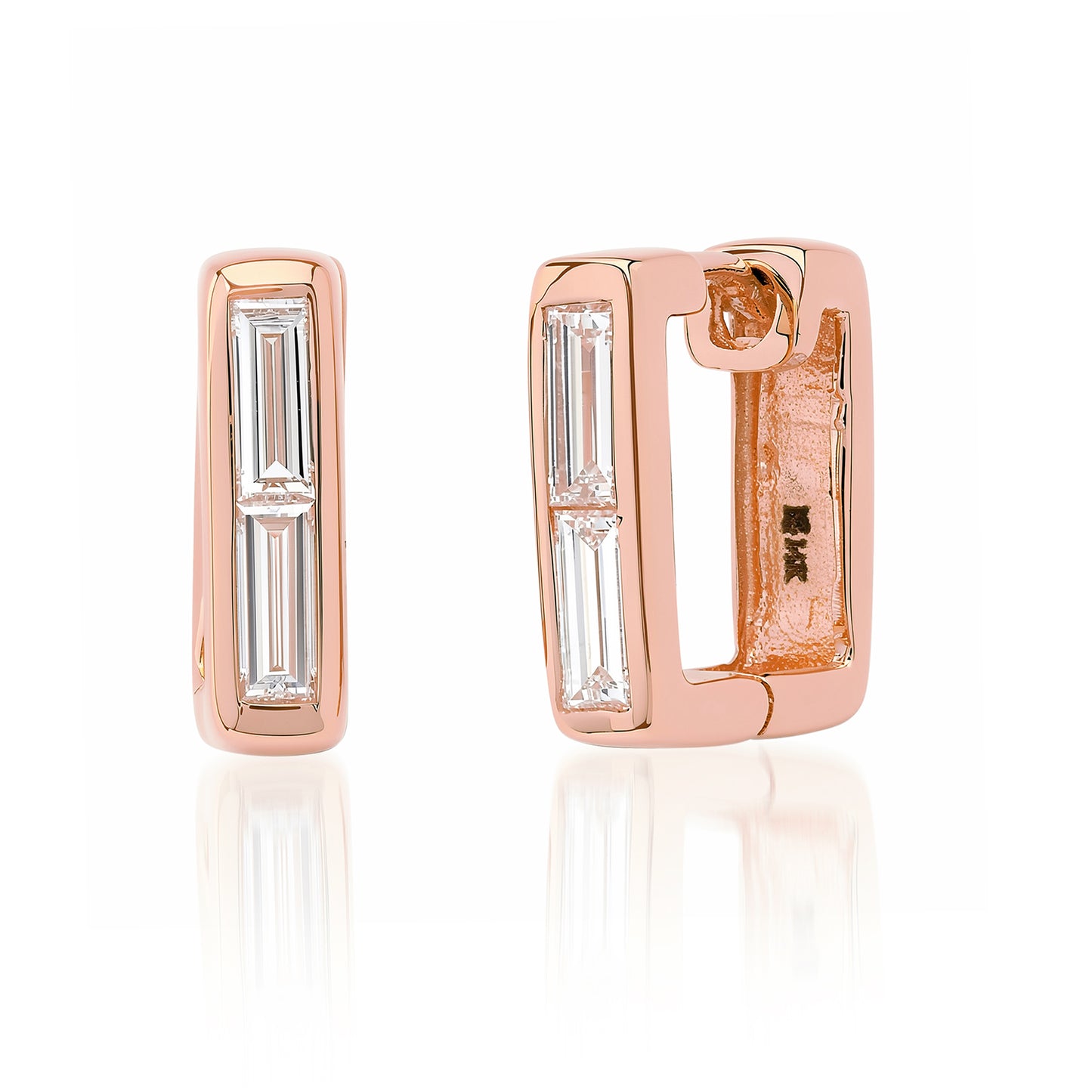14K Gold Diamond Baguette Thick Rectangle Huggie Hoop Earrings