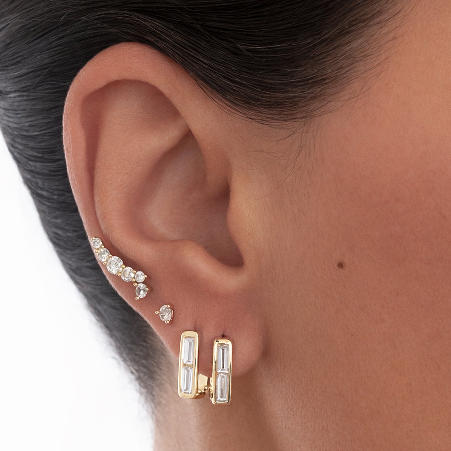 14K Gold Diamond Baguette Thick Rectangle Huggie Hoop Earrings