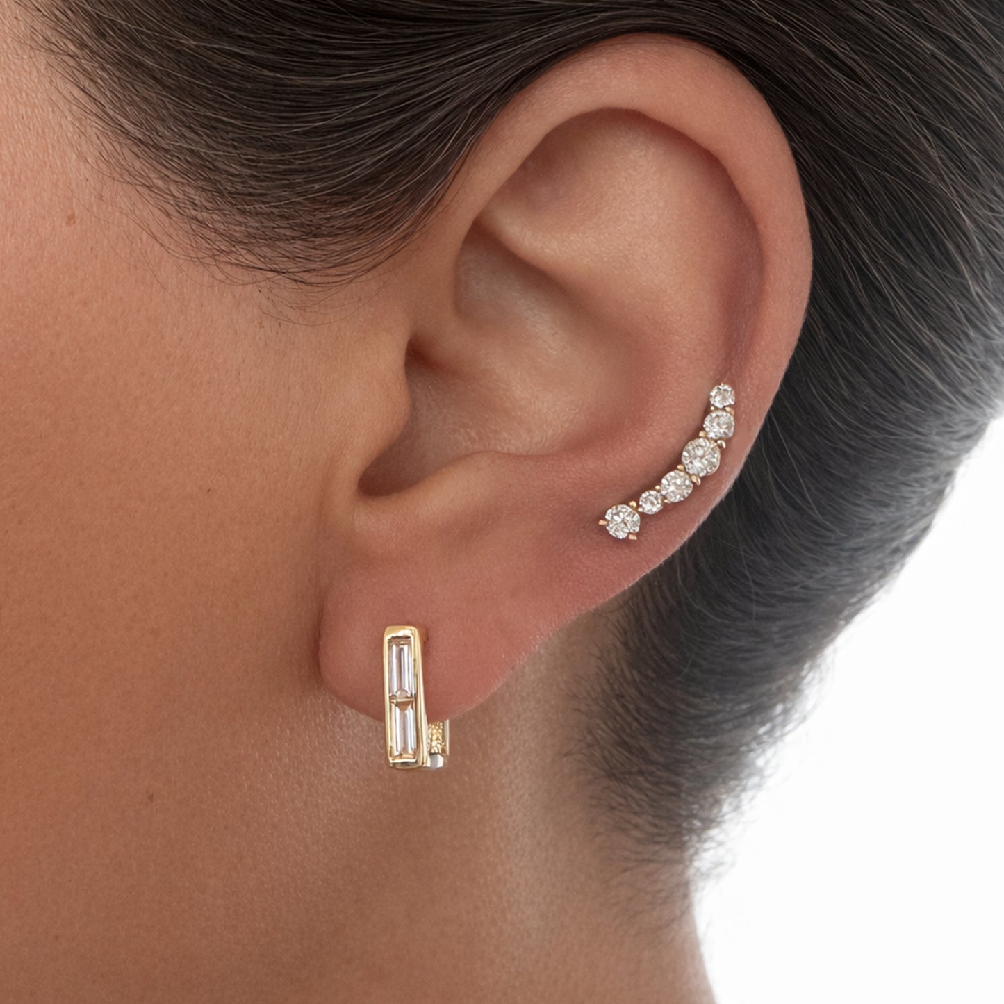 14K Gold Diamond Baguette Thick Rectangle Huggie Hoop Earrings