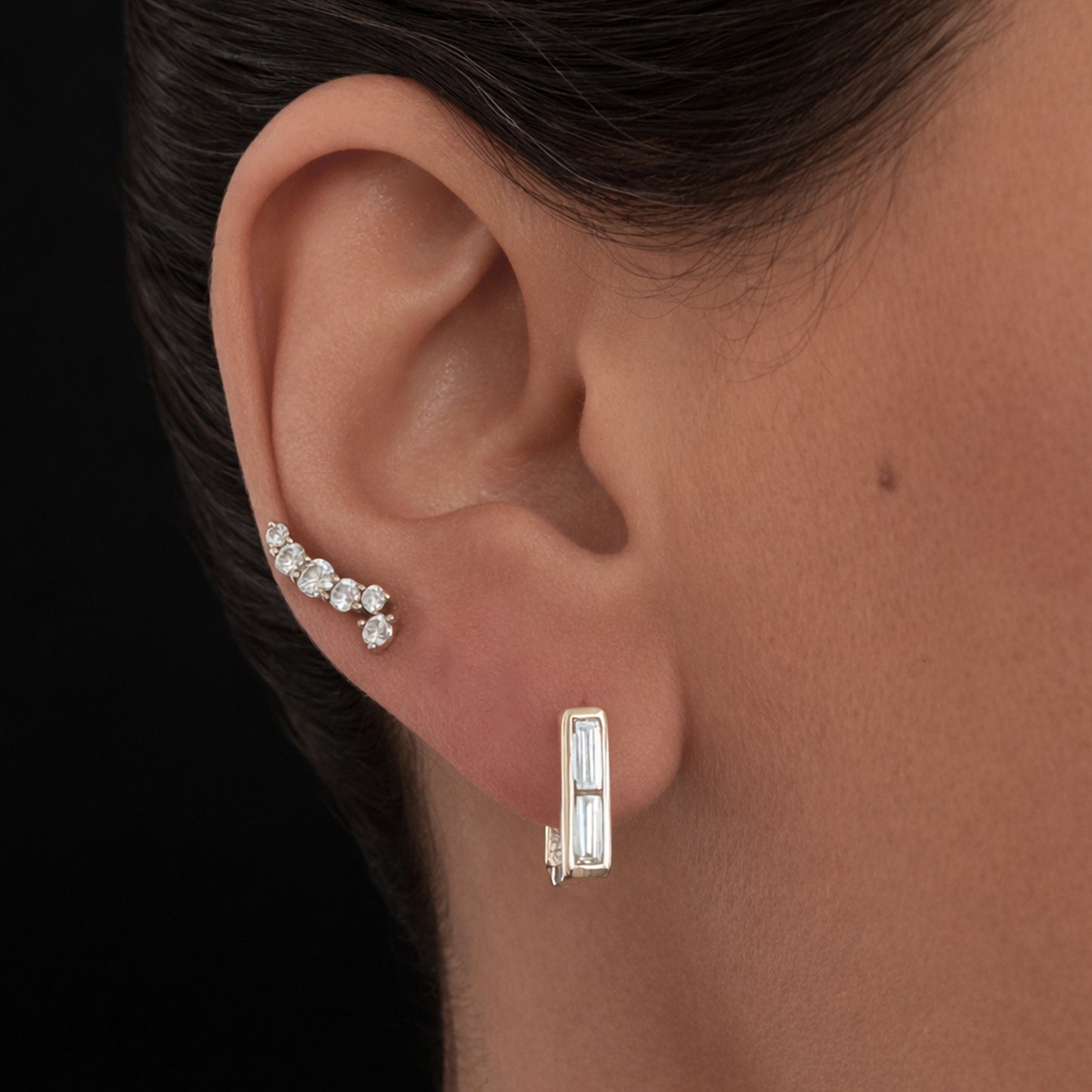 14K Gold Diamond Baguette Thick Rectangle Huggie Hoop Earrings