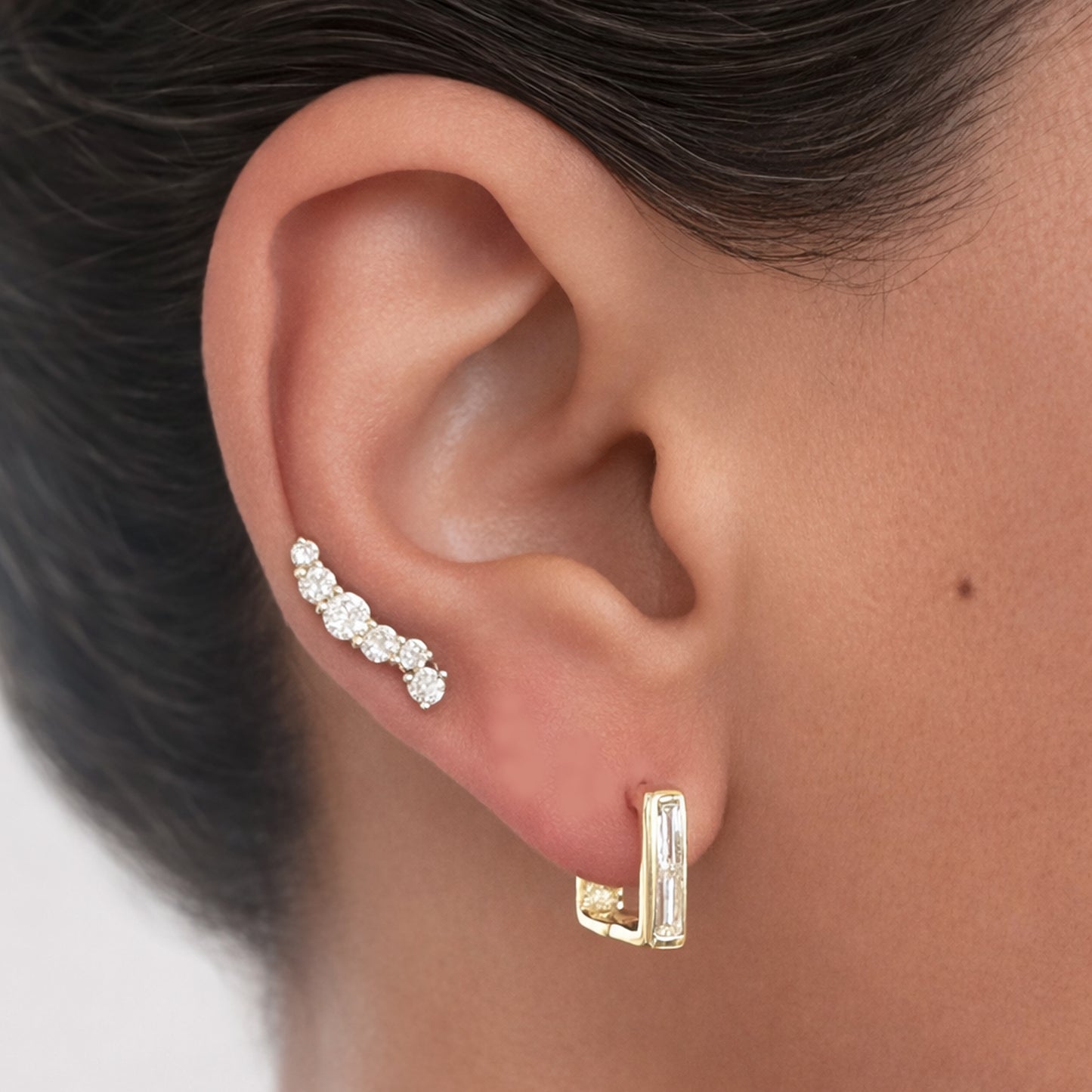 14K Gold Diamond Baguette Thick Rectangle Huggie Hoop Earrings