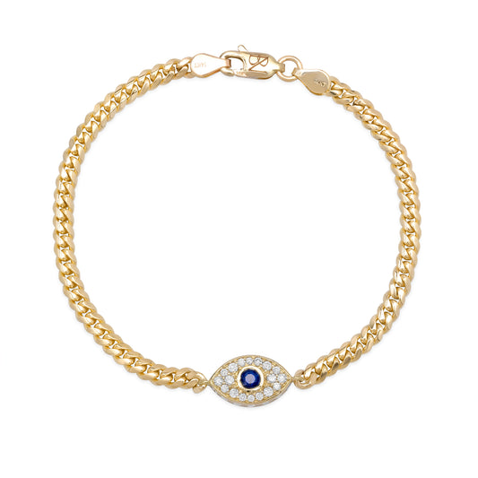 14K Gold Pavé Diamond & Sapphire Evil Eye Bracelet, 3mm Miami Cuban Link Chain