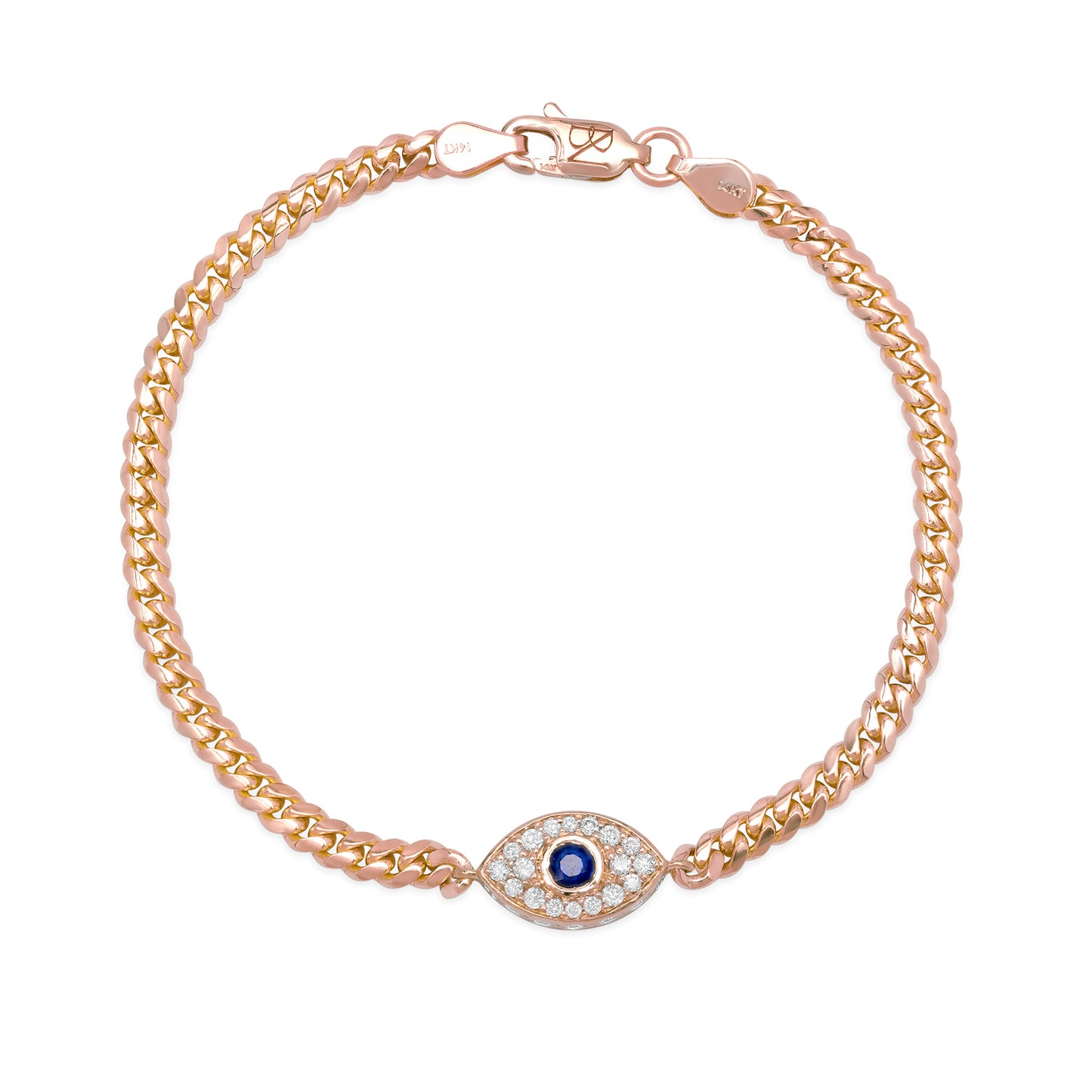 14K Gold Pavé Diamond & Sapphire Evil Eye Bracelet, 3mm Miami Cuban Link Chain