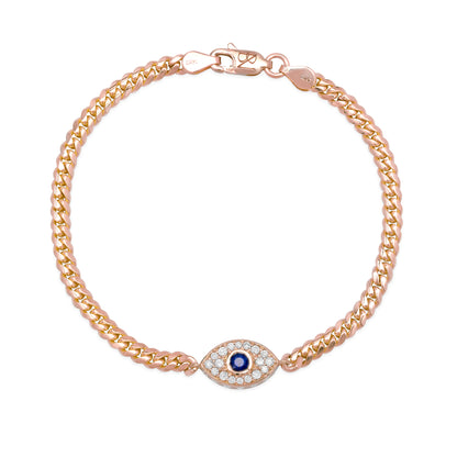 14K Gold Pavé Diamond & Sapphire Evil Eye Bracelet, 3mm Miami Cuban Link Chain