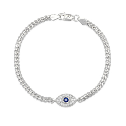 14K Gold Pavé Diamond & Sapphire Evil Eye Bracelet, 3mm Miami Cuban Link Chain