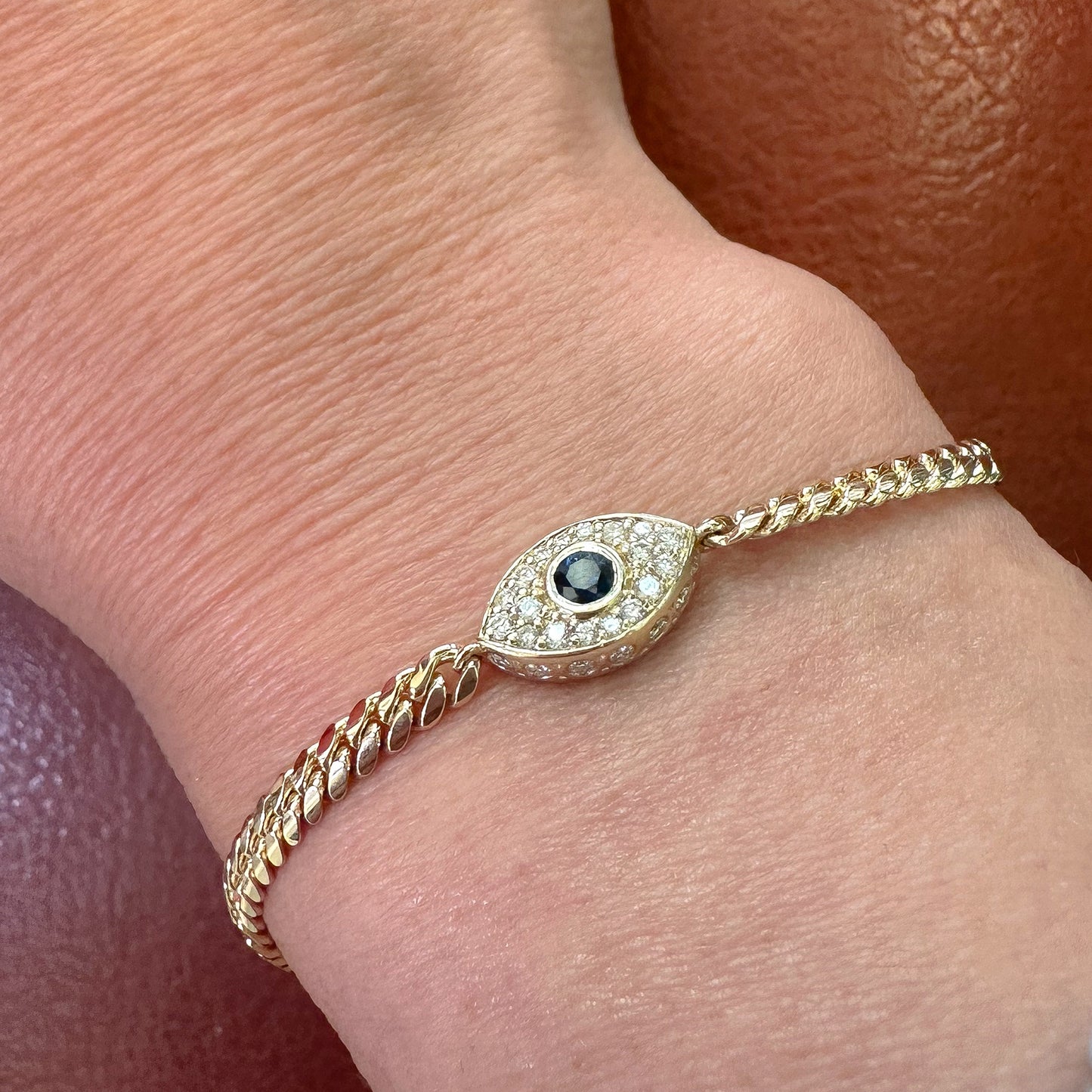 14K Gold Pavé Diamond & Sapphire Evil Eye Bracelet, 3mm Miami Cuban Link Chain
