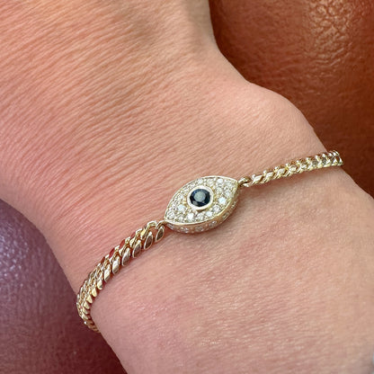 14K Gold Pavé Diamond & Sapphire Evil Eye Bracelet, 3mm Miami Cuban Link Chain