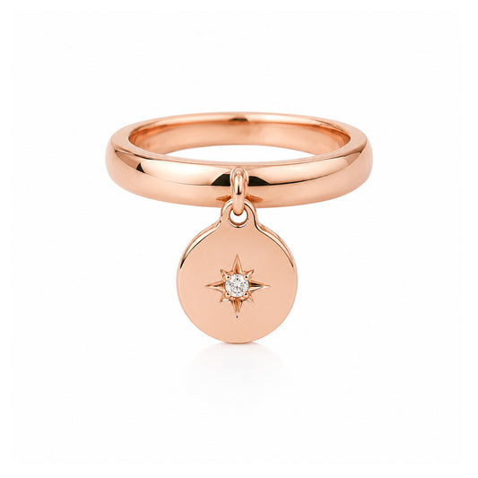 14K Gold Star Set Diamond Round Charm Ring