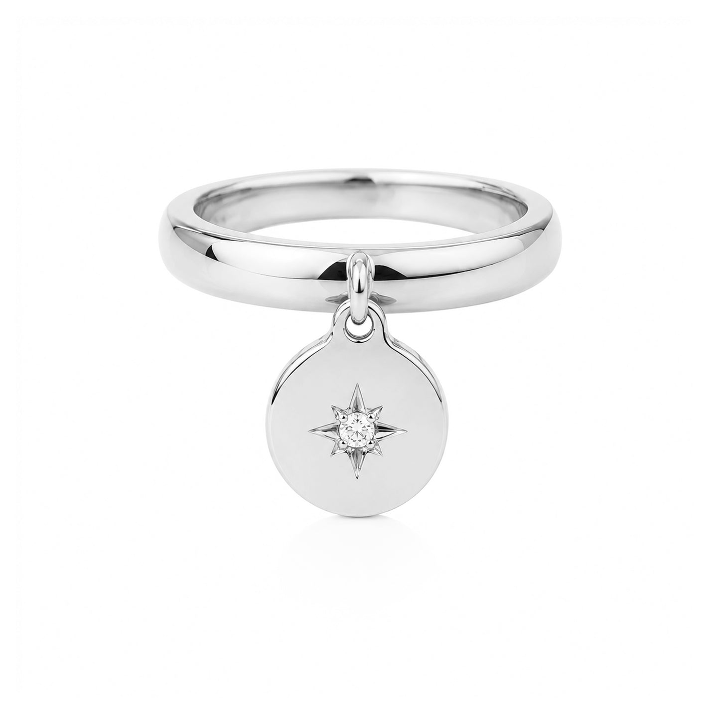 14K Gold Star Set Diamond Round Charm Ring