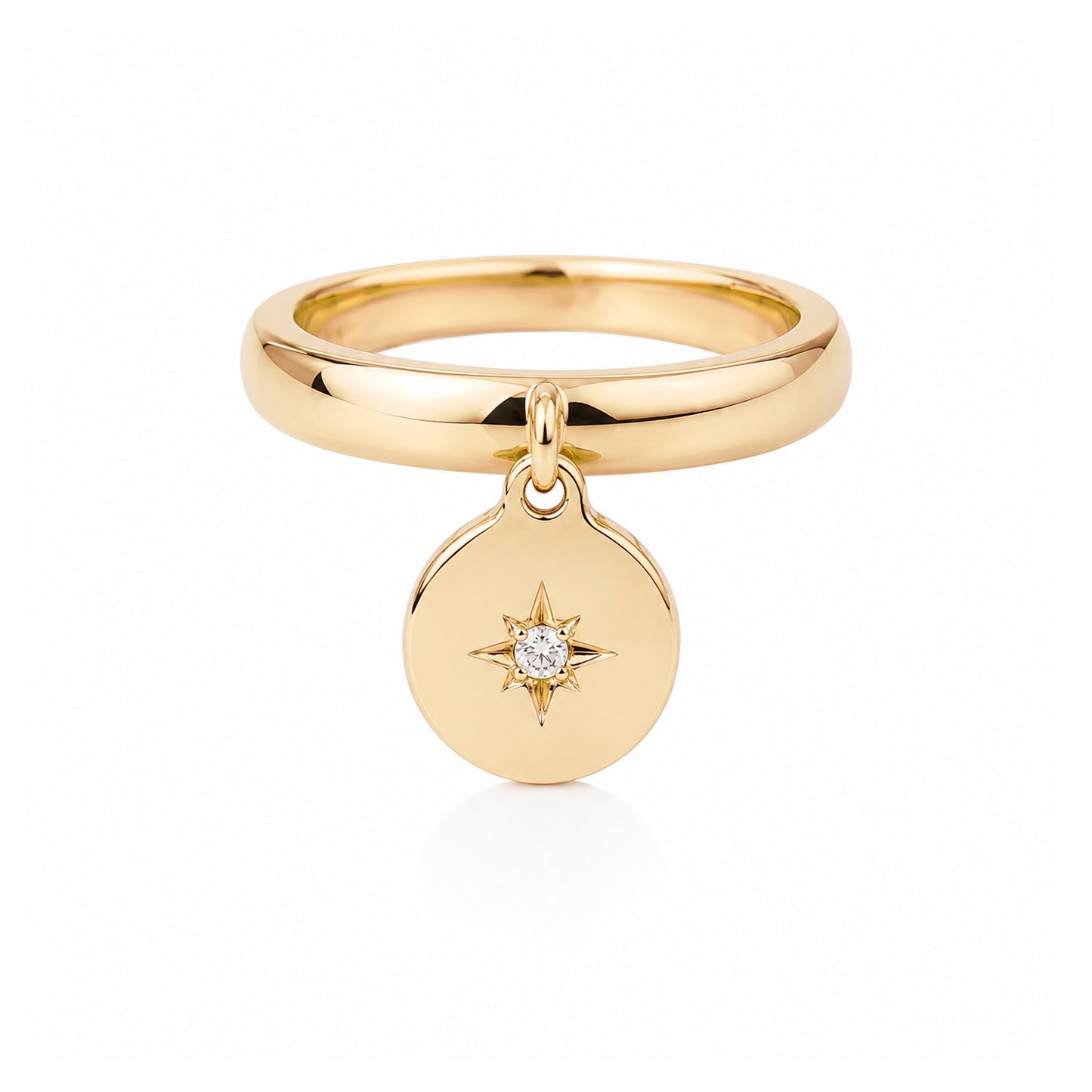 14K Gold Star Set Diamond Round Charm Ring