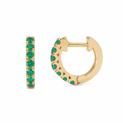 14K Gold Emerald Thick Huggie Hoop Earrings (11mm x 6mm)