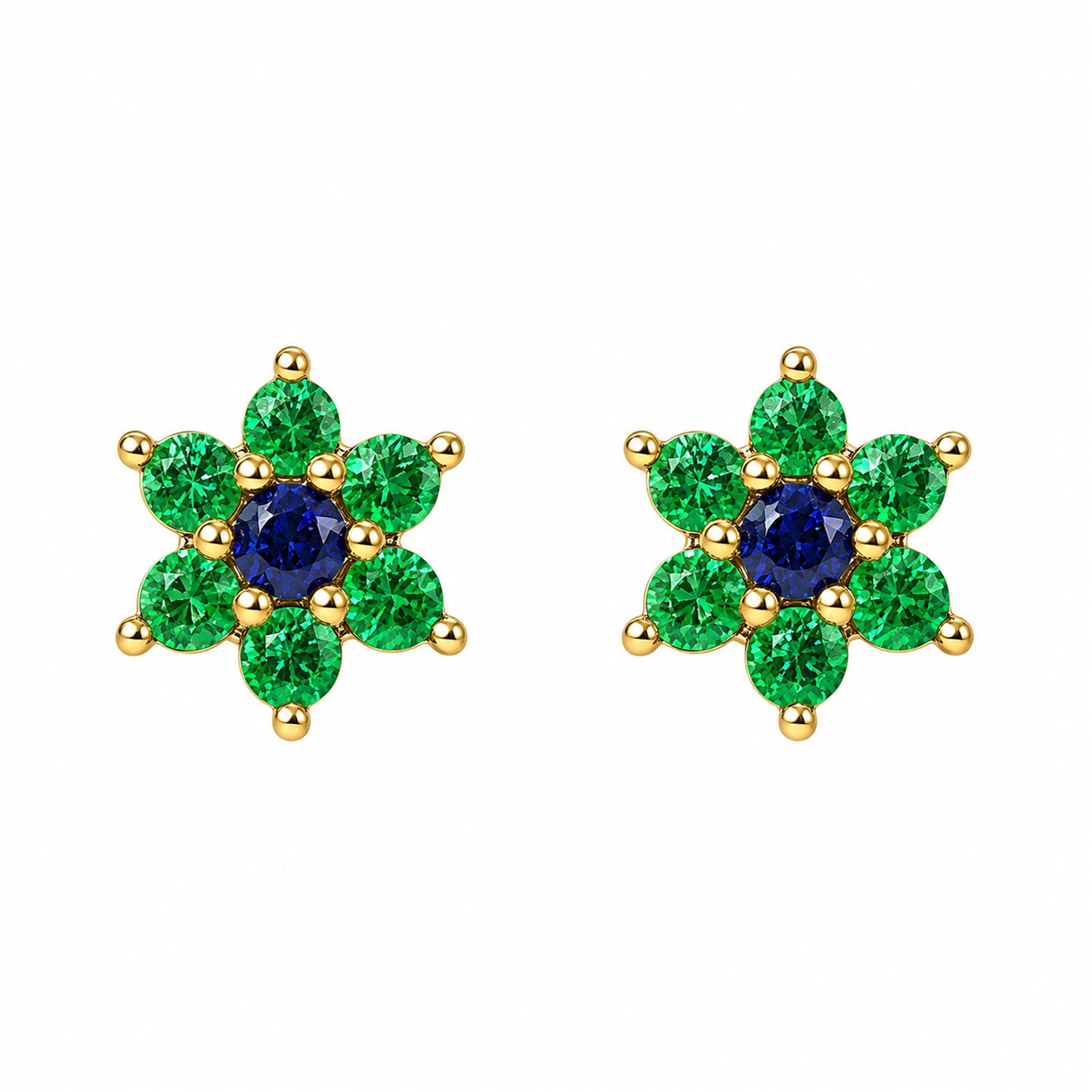 14K Gold Emerald & Sapphire Rosebud Flower Stud Earrings