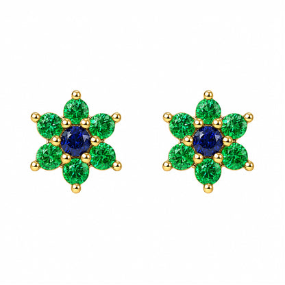 14K Gold Emerald & Sapphire Rosebud Flower Stud Earrings